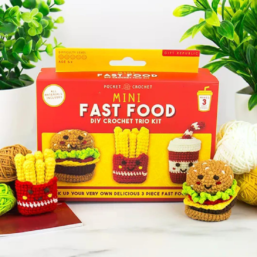 Mini Fast Food Häkelset - DIY Häkeltrio-Set für Anfänger | Burger, Pommes Frites & Drink Charaktere