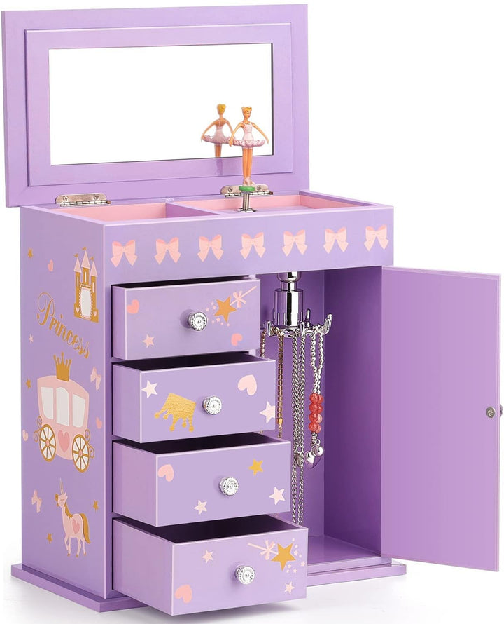 Schmuckkästchen für Mädchen mit 5 Schichten, Schwenktür, drehender Ballerina, Einhorn- und Schlossde