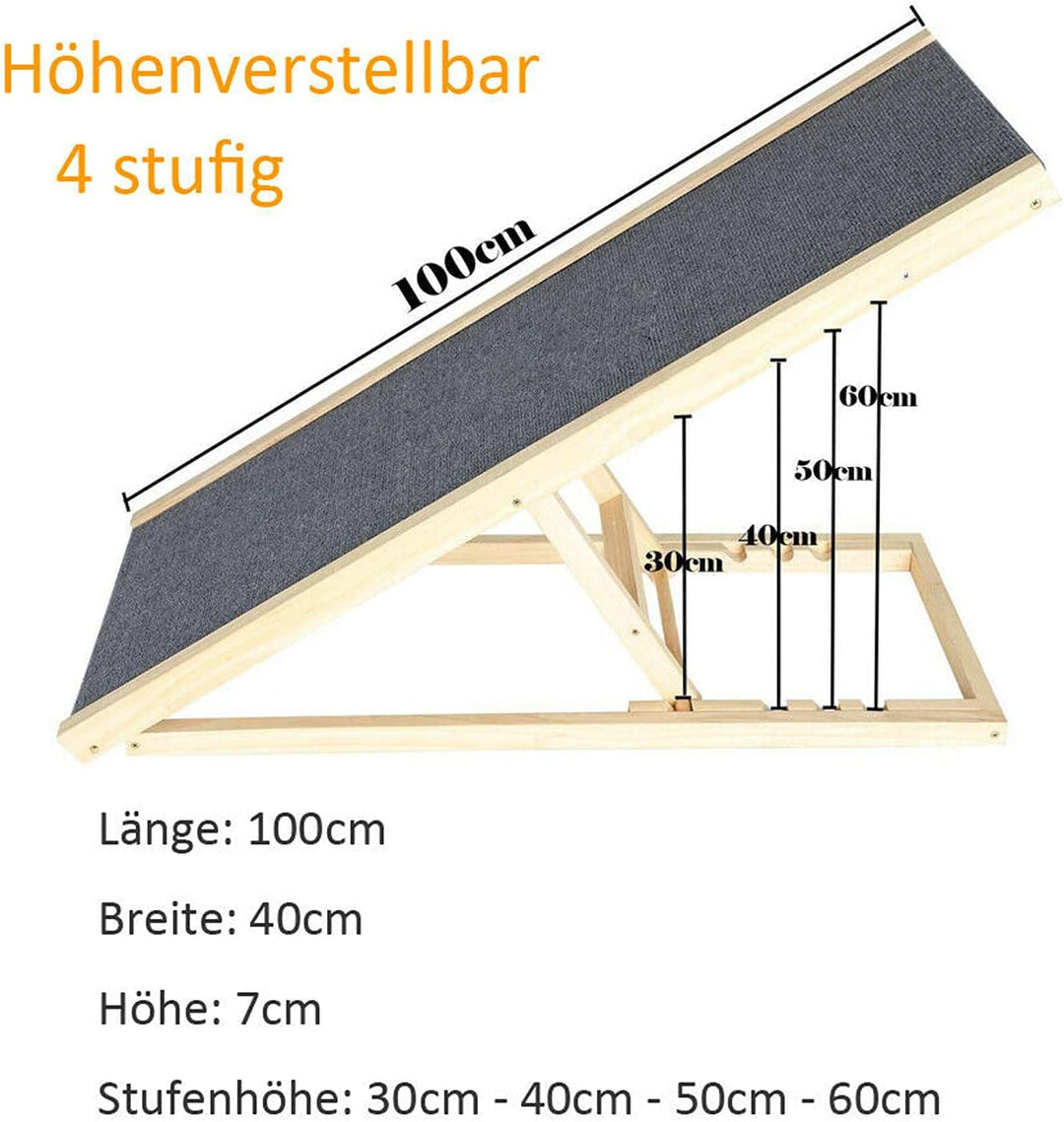 Hund/Katzen Rampe Autotreppen Trittleiter aus Echtholz, mit 4 Höhenverstellbar und Rutschfestem Tepp