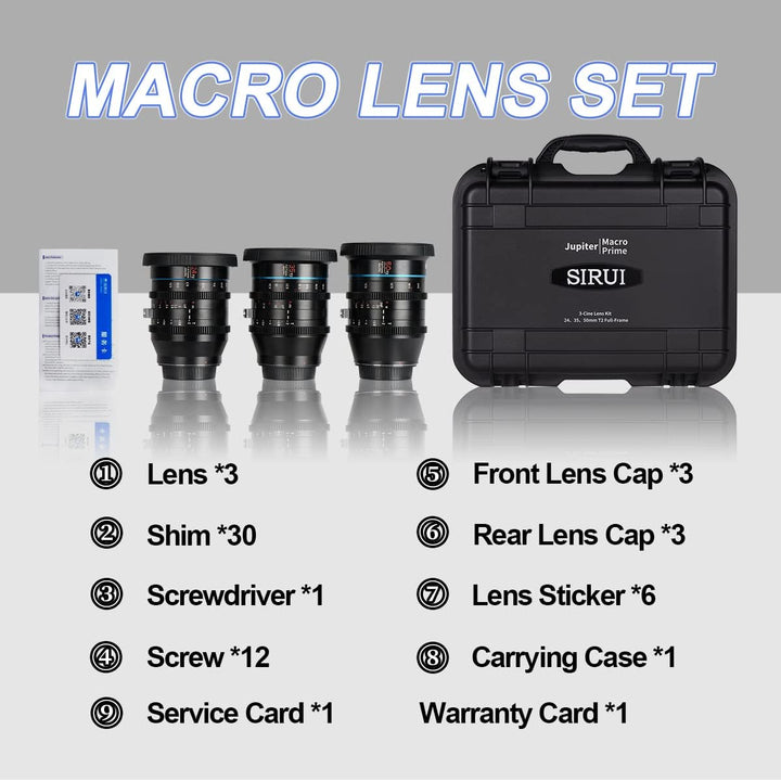 SIRUI Jupiter Macro T2 Vollformat Cine Prime Objektiv Set (24mm, 35mm und 50mm Cinema Objektiv Set),