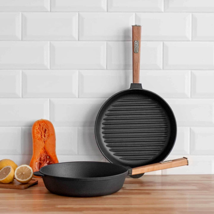 Ø28cm Grillpfanne Gusseisen Induktion Holzgriff Bratpfanne Pfanne Feuerpfanne 28 cm, 28 cm
