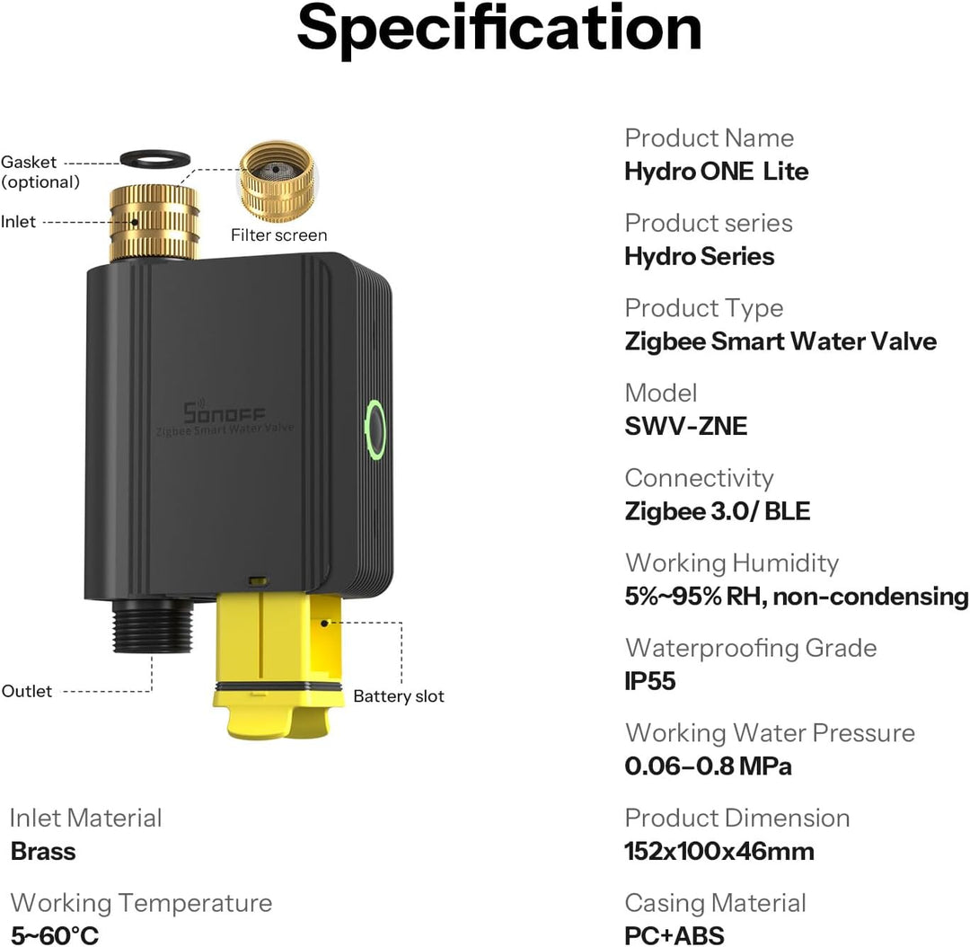 SONOFF SWV-ZNE Hydro ONE Lite Bewässerungscomputer Zigbee, Sprinkler-Timer mit Messinganschluss, Wet