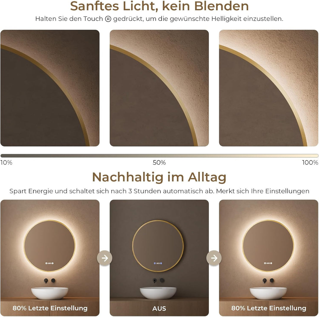 S'AFIELINA Badspiegel mit Beleuchtung Rund 70cm, Dimmbar Bad Spiegel mit Licht und Beschlagfrei-Funk