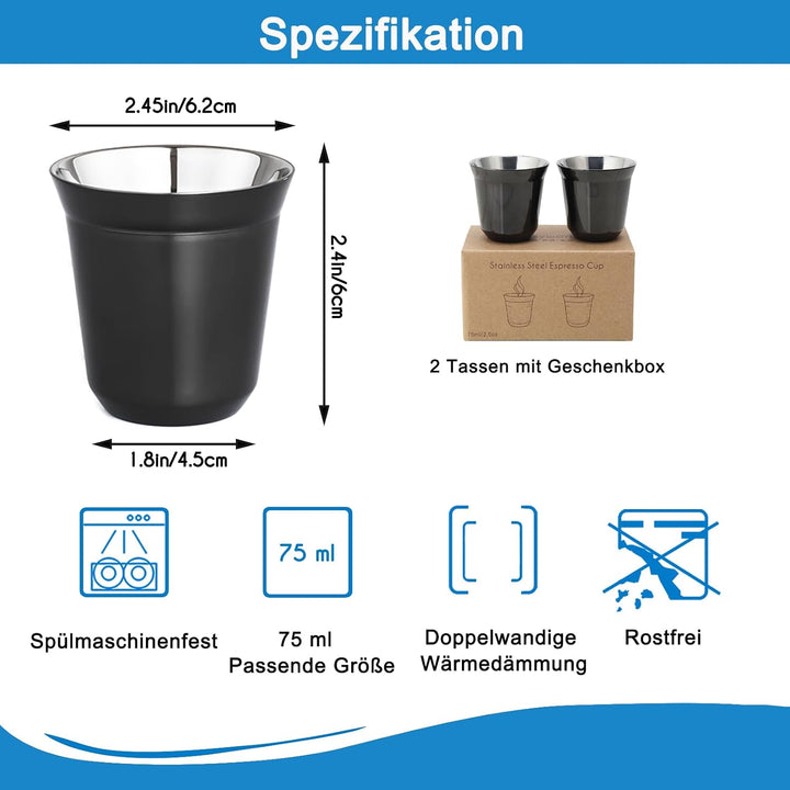 Easyworkz Espressotassen aus Edelstahl, doppelwandig, isoliert, Demitasse-Tassen, 2er-Set, hitzebest