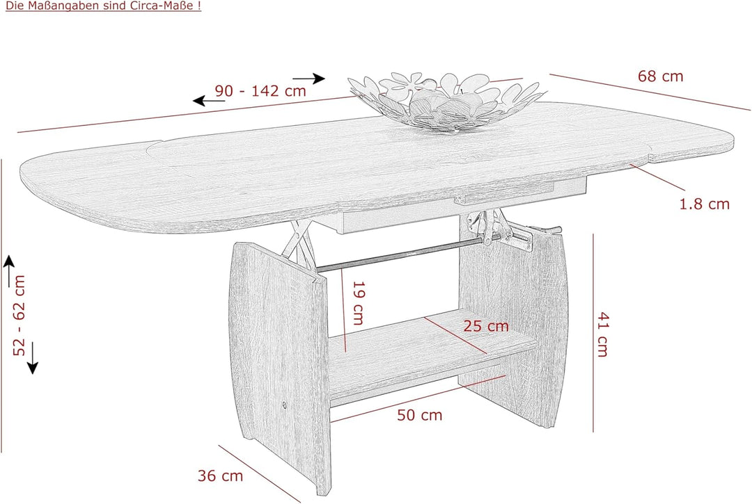 Hela Tische, Funktionscouchtisch Michael, Holzoptik melaminbeschichtet, Dekor Buche, ausziehbar 90-1