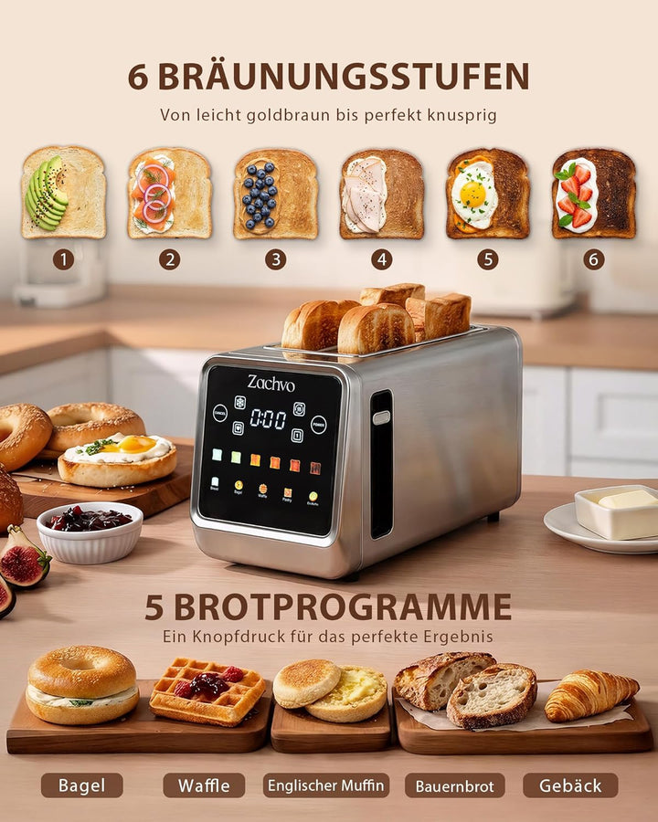 4 Scheiben Langschlitz Toaster Edelstahl, Smart Touchscreen mit LED-Countdown, Memory-Funktion, 6 Br