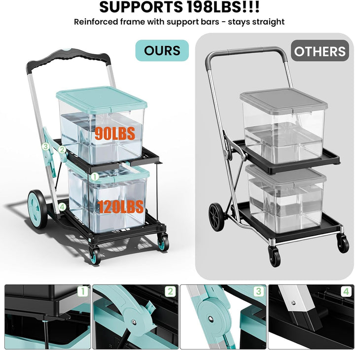 Klappbar Grosser Einkaufswagen Trolley zum Schieben mit Klappboxen | 2 Etagen mit 4 Rädern &amp; abnehmb