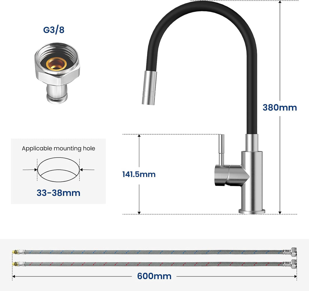 CECIPA Flexibler Küchenarmatur Schwarz, Wasserhahn Küch mit 2 Strahlarten, Mischbatterie Küche Schwa