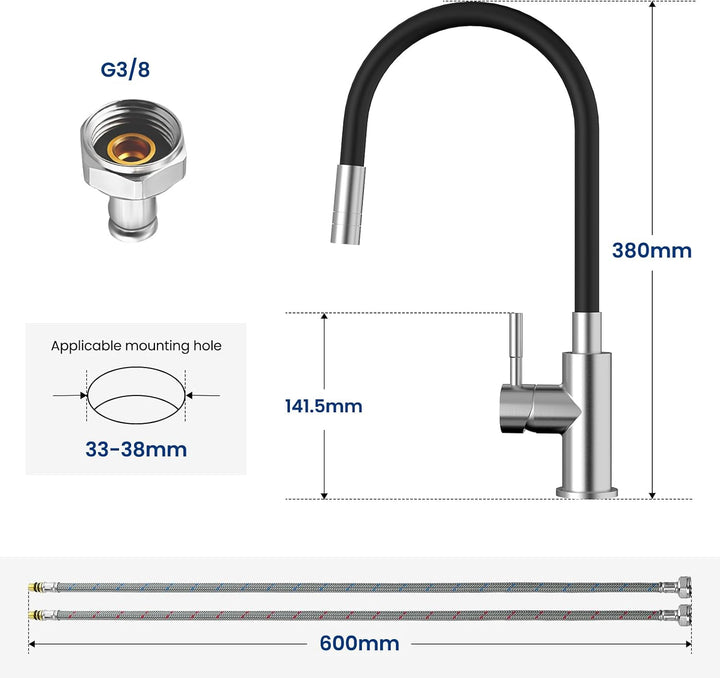 CECIPA Flexibler Küchenarmatur Schwarz, Wasserhahn Küch mit 2 Strahlarten, Mischbatterie Küche Schwa
