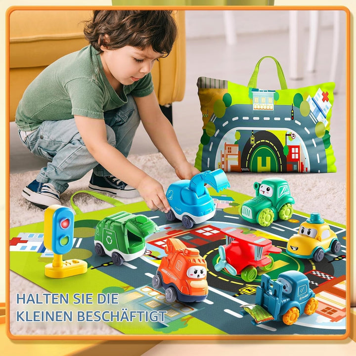 lerrbo 7 Vehicles with Kräne, Map and Blue Traffic Light &amp;Aufbewahrungstasche|Babyspielzeug für 1 jä