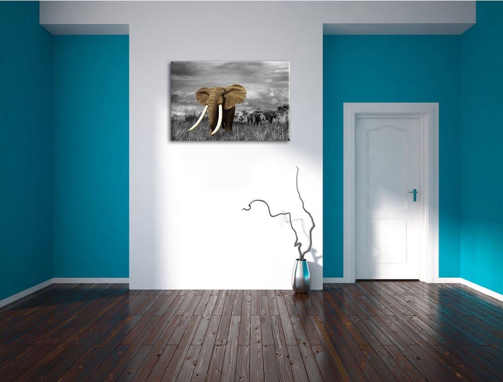 Elefanten in der Savanne schwarz/weiss Format: 100x70 auf Leinwand, XXL riesige Bilder fertig gerahm