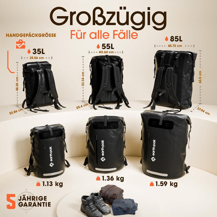 Earth Pak wasserdichter Rucksack – 35L / 55L Waterproof Backpack mit leistungsstarkem Rolltop Rollve
