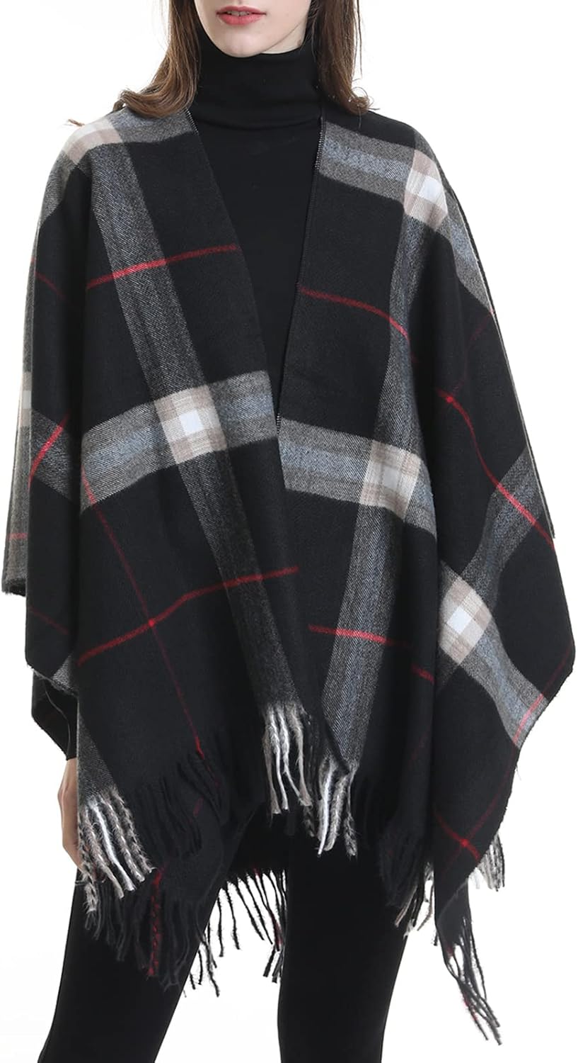 Danfiki Damen Poncho Schal Cashmere Feeling Strick Cape Cardigan Einheitsgrösse Doppelgitter Schwarz