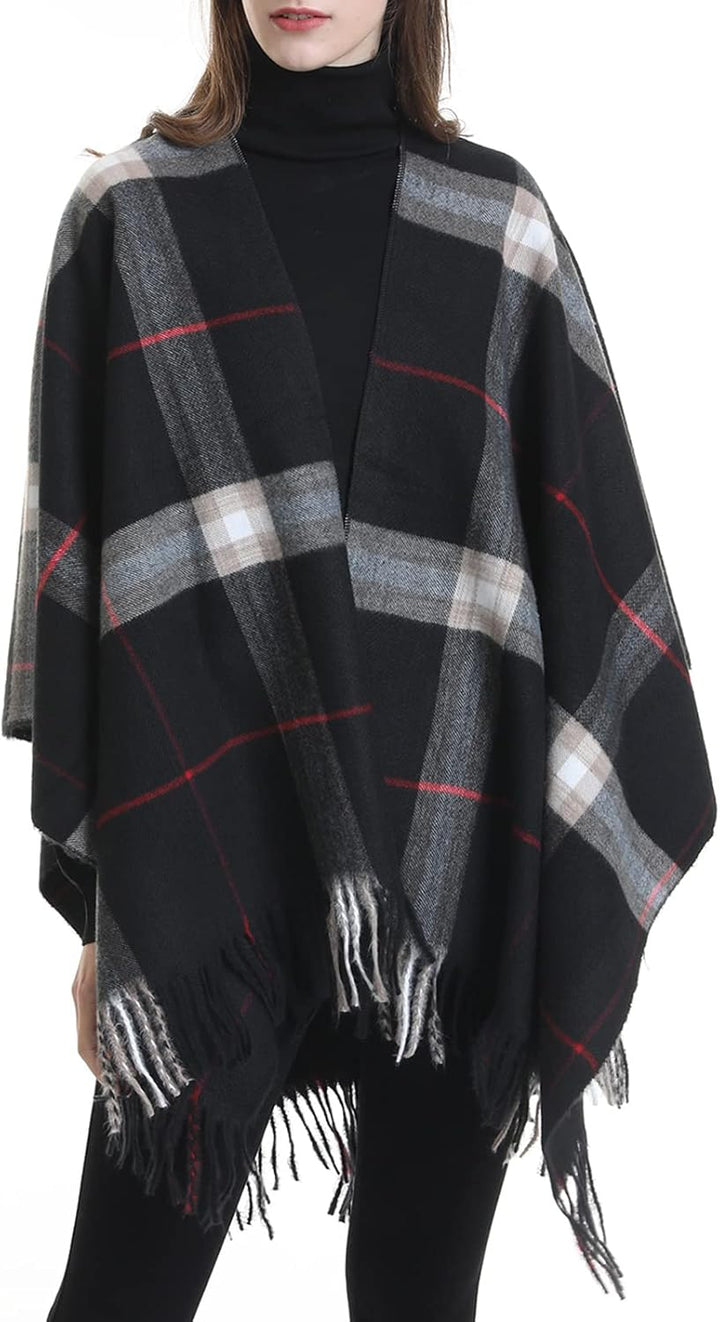 Danfiki Damen Poncho Schal Cashmere Feeling Strick Cape Cardigan Einheitsgrösse Doppelgitter Schwarz