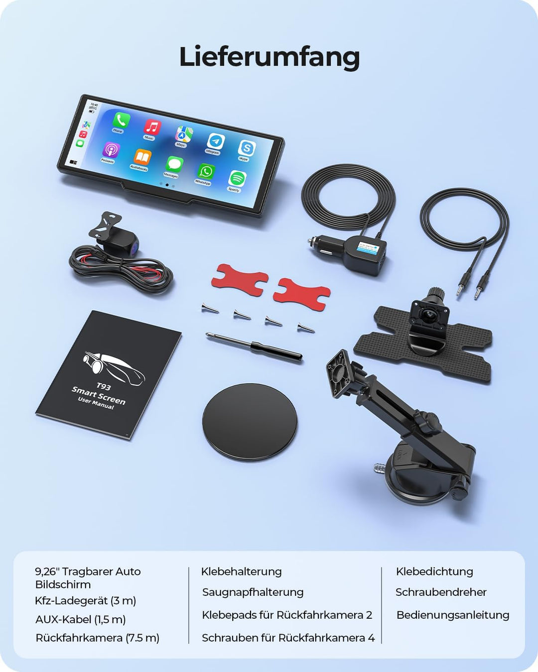 9,26" Drahtloses Tragbarer Car Play Display mit 4K-Front- &amp; HD-Rückfahr-Dual-Dashcam für Apple CarPl