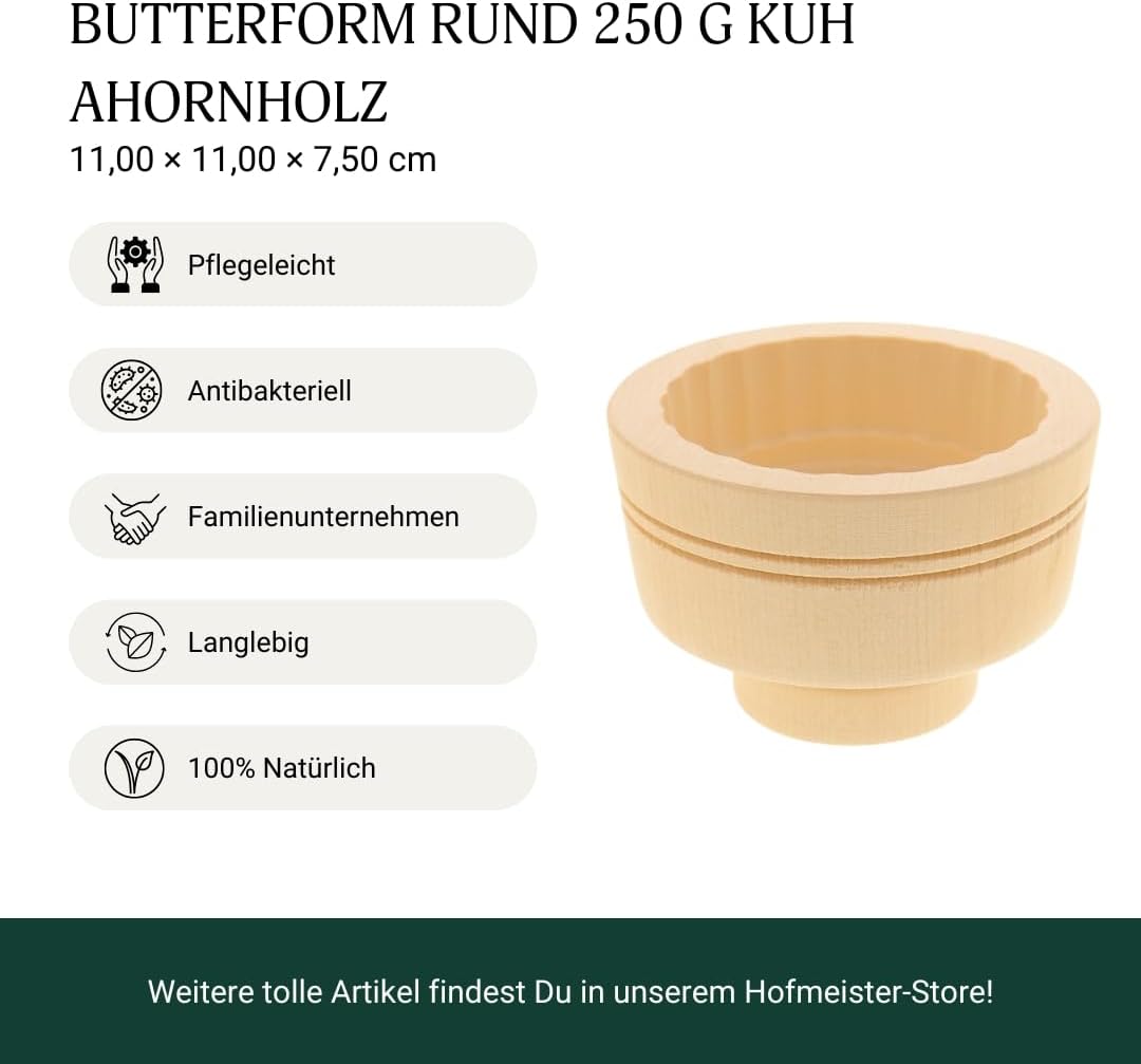 HOFMEISTER® Butterform 250g Butter selbermachen - 11 cm, Kuh, handgefertigt aus Holz in Deutschland,