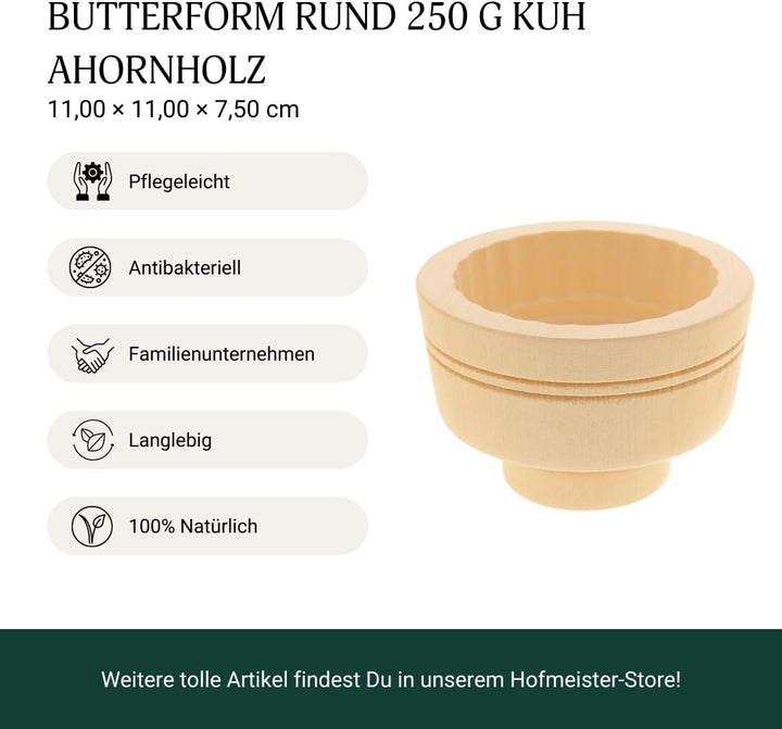 HOFMEISTER® Butterform 250g Butter selbermachen - 11 cm, Kuh, handgefertigt aus Holz in Deutschland,