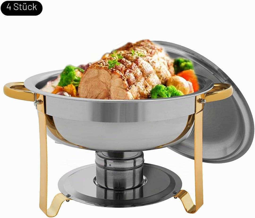 4er Set Rund Chafing Dish Set, Professional Speisenwärmer mit Deckel, 4,5L Edelstahl Buffet Wärmebeh
