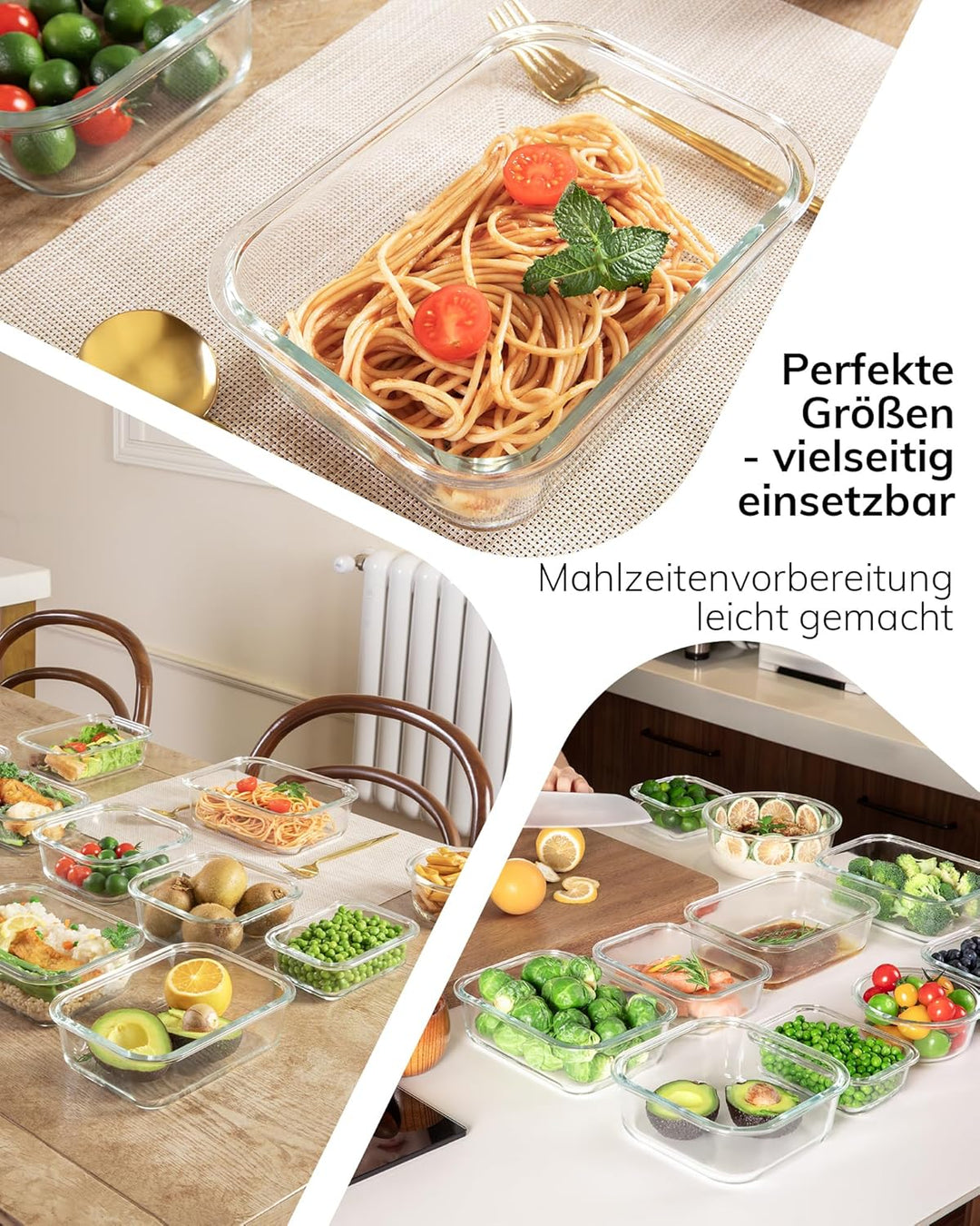 5er-Pack Borosilikatglasbehälter mit gehärtetemDeckel, 1040 ml / 4,4 Tassen, luftdichtes Mahlzeiten-