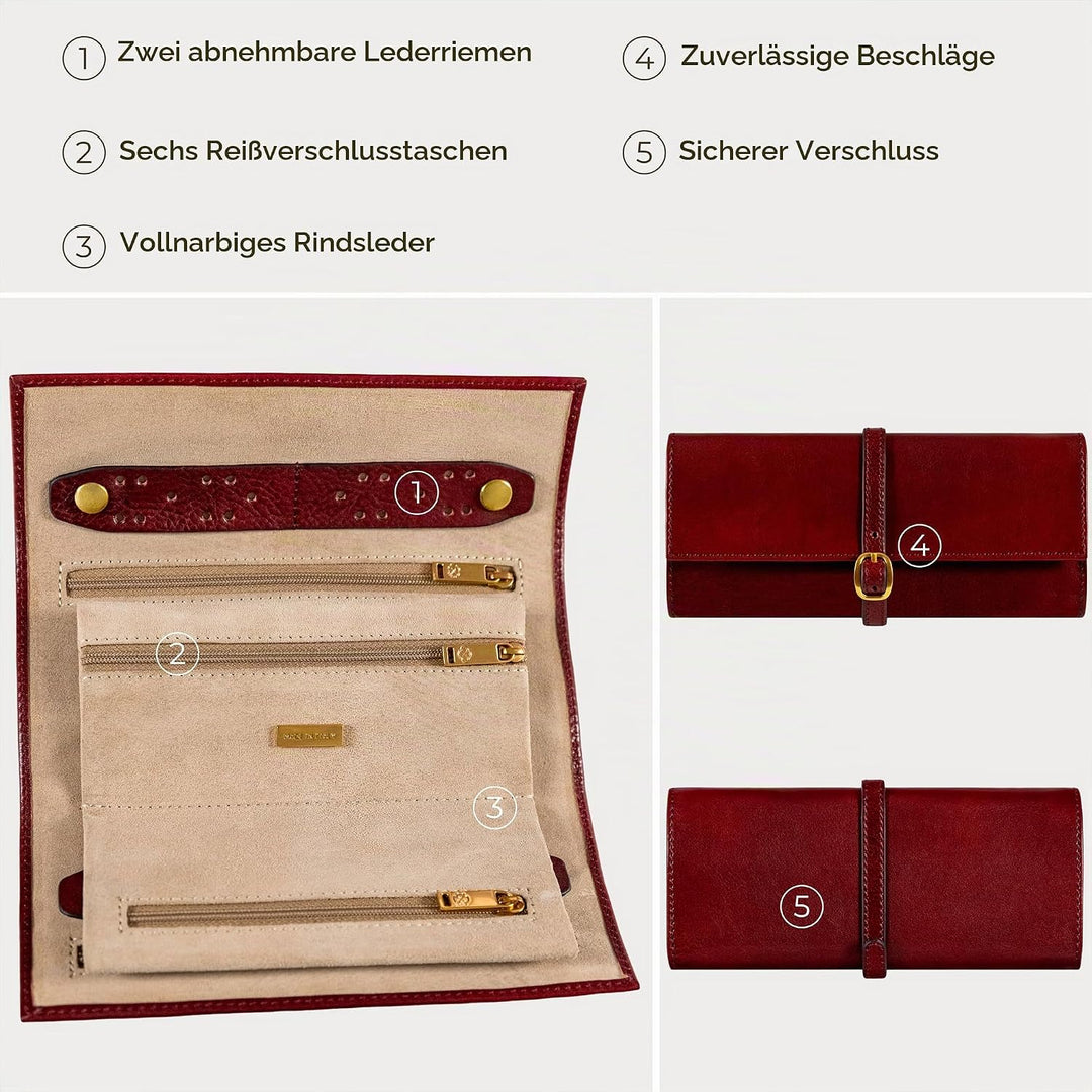 Time Resistance Rot Leder Schmuck Organizer – 100% Leder Schmuckrolle für Reisen Hergestellt in Ital