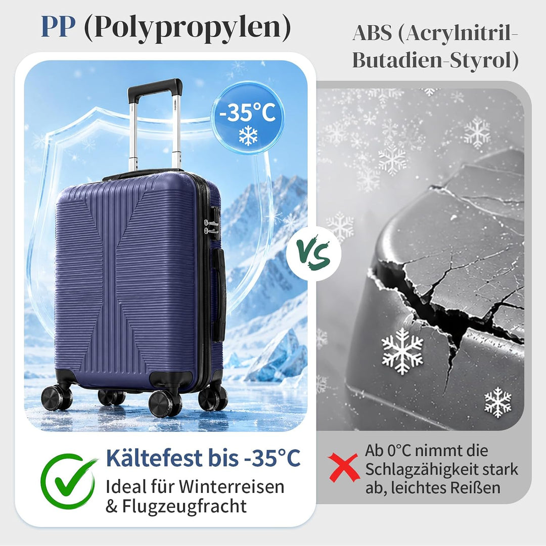 LEADZM Koffer Set 3 teilig Hartschale aus PP (Navyblau) | 4x stossfester, kältefest bis -35 °C und k