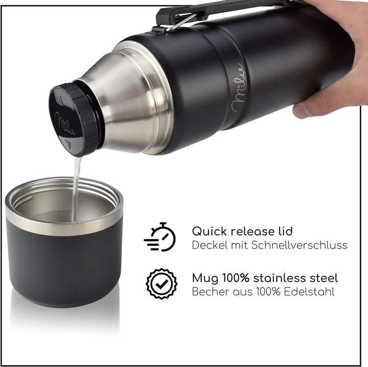 Milu Thermoskanne 1L - Thermosflasche mit Griff - Isolierflasche - Isolierte Edelstahl Trinkflasche,