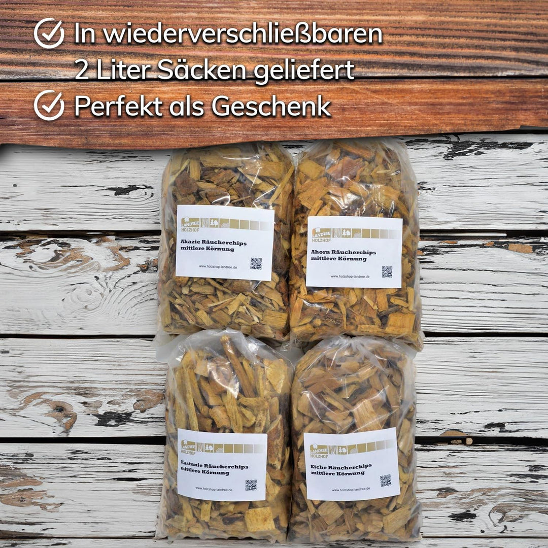 Landree® Starter-Set Räucherchips Akazie, Ahorn, Kastanie, Eiche - 4 x 2 Liter -Halbes Schwein- Wood