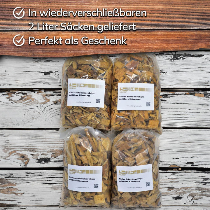 Landree® Starter-Set Räucherchips Akazie, Ahorn, Kastanie, Eiche - 4 x 2 Liter -Halbes Schwein- Wood