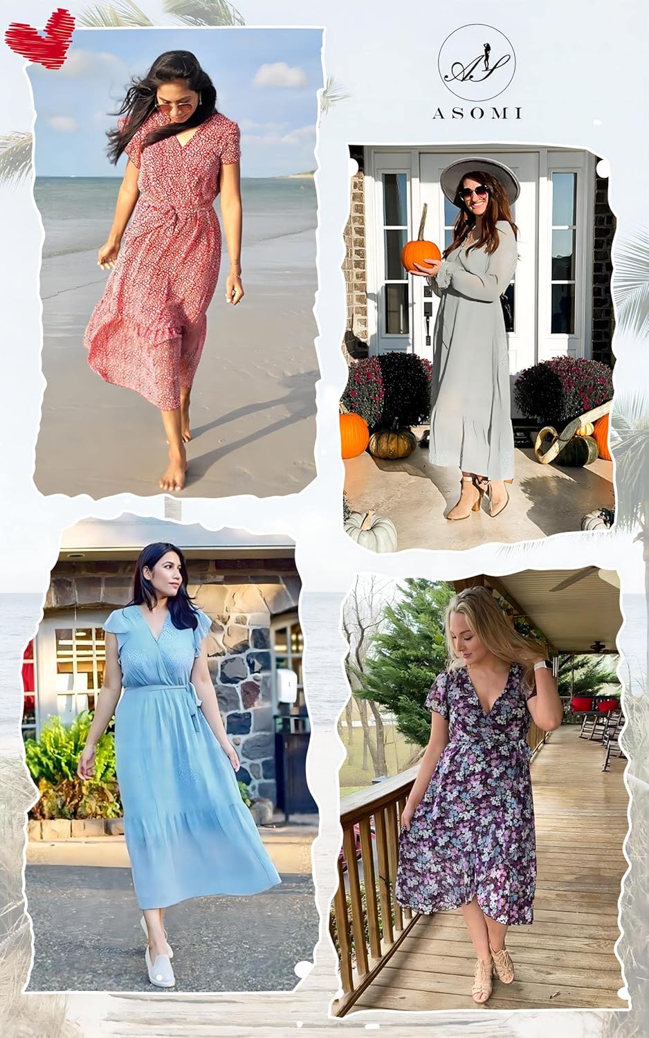 ASOMI Kleid Damen Sommer Boho: Blumen Herbst Wickelkleid Frühling Mode Lang Maxikleid V-Ausschnitt C