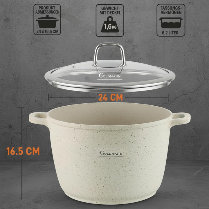 GOLDMANN 24 CM Aluguss-Kochtopf/Suppentopf (6.2L) mit Glasdeckel, Marmor-Keramik-Antihaftbeschichtun