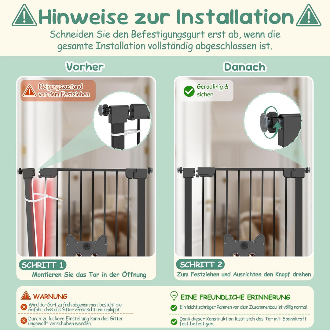 Türschutzgitter mit Katzenklappe ohne Bohre Absperrgitter Treppengitter Klemmgitter Schwarz 75–85cm