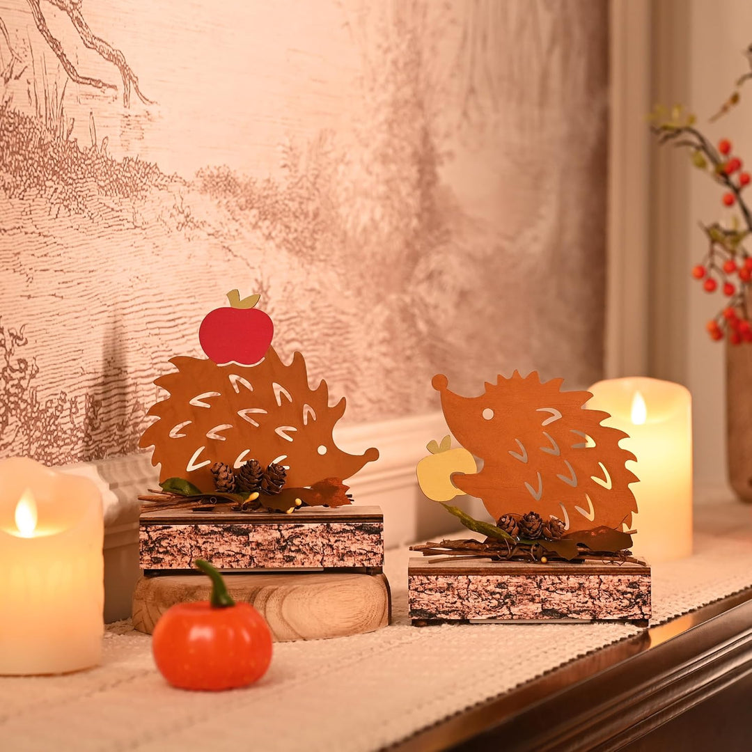 VALERY MADELYN 2er Rost Bunt Metall Igel Figuren für Herbstdeko Innen,mit LED,Sockel mit Holztextur,
