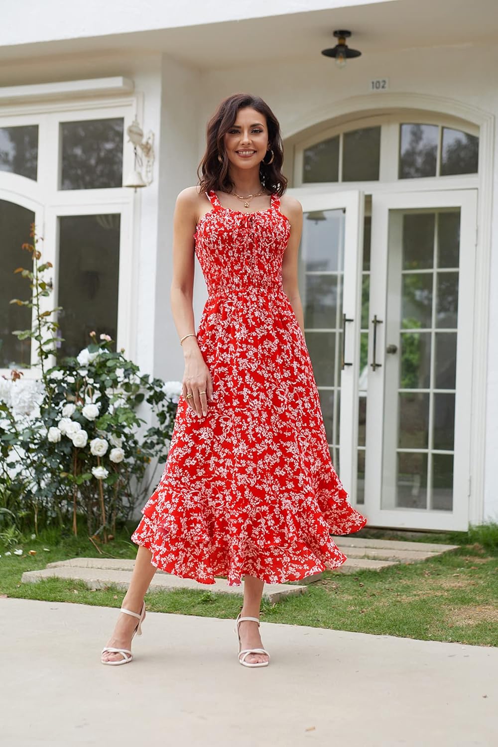 GRACE KARIN Damen langes Blumenkleid Ärmellos Spaghettiträger Cocktailkleid Casual Freizeitkleid Böh