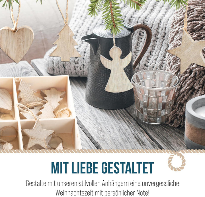 Holzanhänger Weihnachten, 24er Set: Weihnachtsanhänger Holz Stern, Tannenbaum, Engel & Herz, Anhänge
