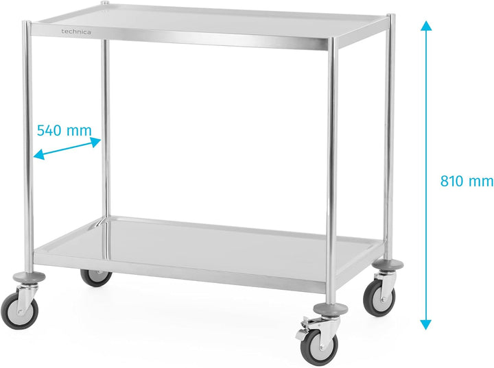 TECHNICA Servierwagen Edelstahl 2 Etagen mit Rollen & Bremse ohne Griffe 860x540x810mm Rollwagen Küc