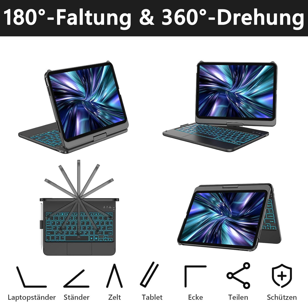 KBCASE Bluetooth Tastatur Schutzhülle für iPad 10 (2022/11. Generation) A16 2025 (10,9/11 Zoll) Mit