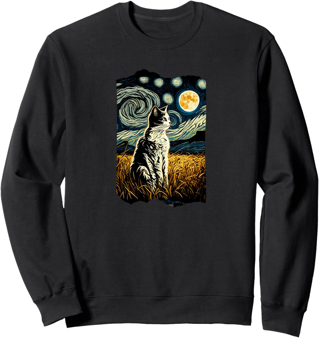 Katze, sitzend auf einem Feld, Vollmond, Van Gogh Stil Sweatshirt