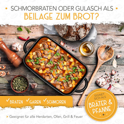KRUSTENZAUBER 28cm Gusseisen Bräter mit Deckel backofengeeignet inkl. Gärkorb - eckiger Topf Brot Ba