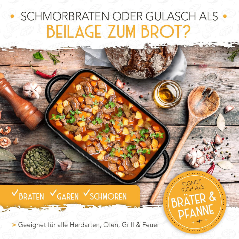 KRUSTENZAUBER 28cm Gusseisen Bräter mit Deckel backofengeeignet inkl. Gärkorb - eckiger Topf Brot Ba