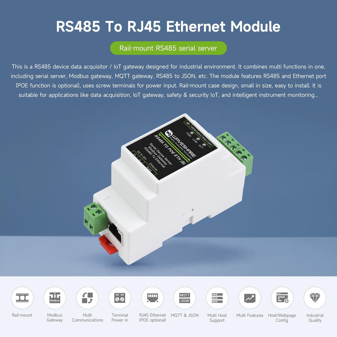 Wveshare Industrial Serial Server Isolation RS485 to RJ45 Ethernet Module TCP/IP to Serial Module Ra