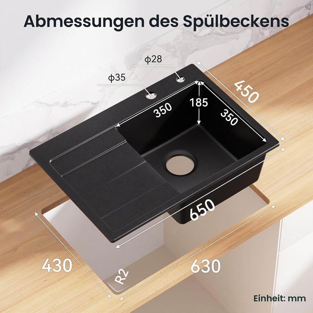 CECIPA Küchenspüle Schwarz 78 x 45 cm mit Wasserhahn Ausziehbar, Spüle Küche, Granitspüle ab 45 cm b