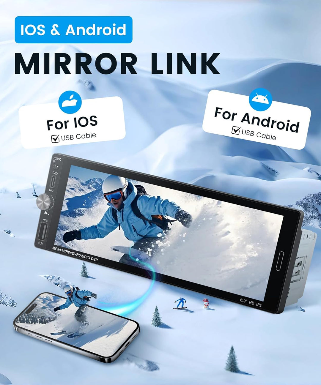 Rimoody A-pple Carplay Autoradio 1 Din mit Carplay Android Auto IOS/Android Mirror Link 6.9 Zoll Tou