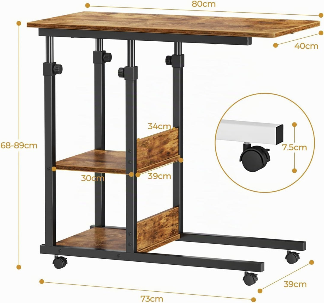 Dripex Schreibtisch Beistelltisch mit Rollen Laptoptisch Höhenverstellbar, aus Holz, Sofatisch Nacht
