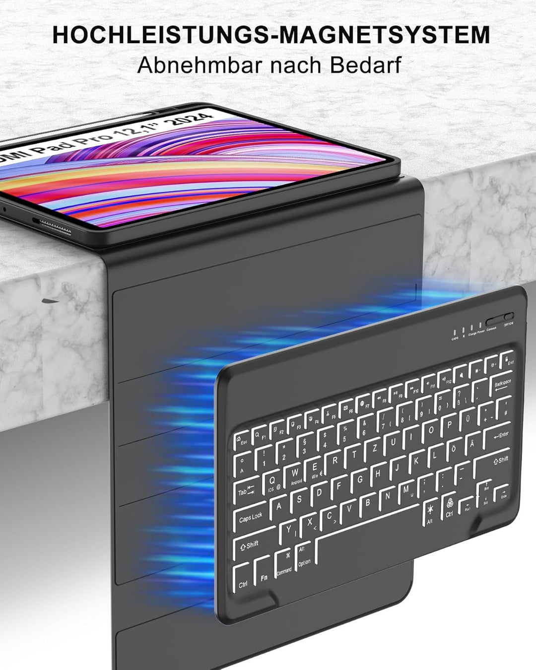 Hülle mit Tastatur und 7-Farben-LED für Xiaomi Redmi Pad Pro 12,1" & Poco Pad (2024), Deutsche Bluet