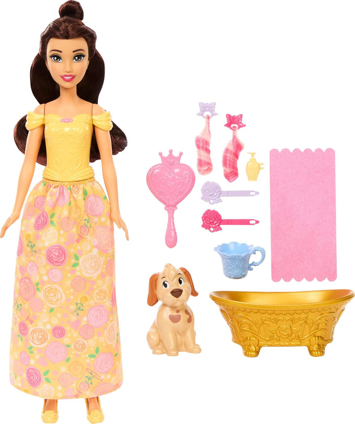 Mattel Disney Princess Belle Modepuppe mit Hündchen, Farbwechseleffekt, Badewanne, Bürste und Haarzu