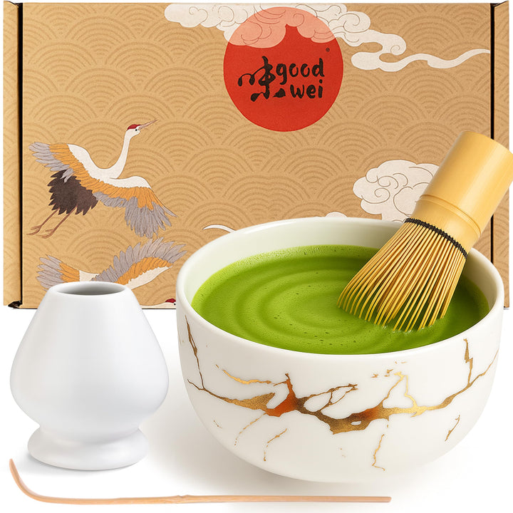 Goodwei Matcha Set mit Besen, Besenhalter und Teeschale für japanische Teezeremonie - Marmor Design