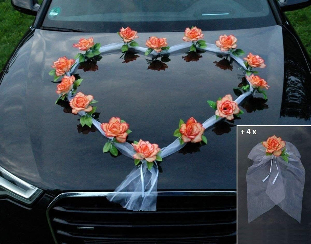 Organza Herz Auto Schmuck Braut Paar Rose Deko Dekoration Autoschmuck Hochzeit Car Auto Wedding Deko