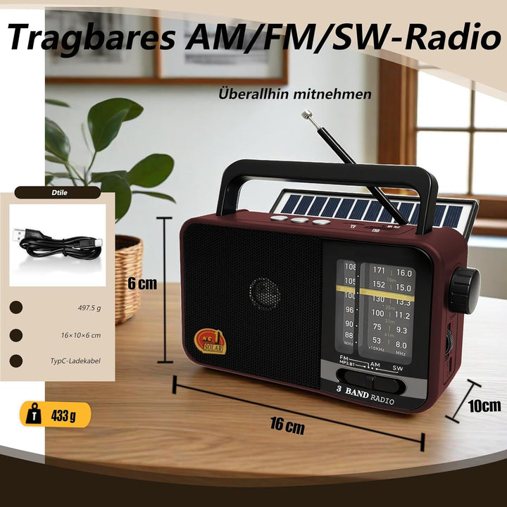 Bluetooth Radio Klein mit Solarzelle und 1200mAh-Batterie, AM/FM/SW Empfänger mit 8W Lautsprecher/TW