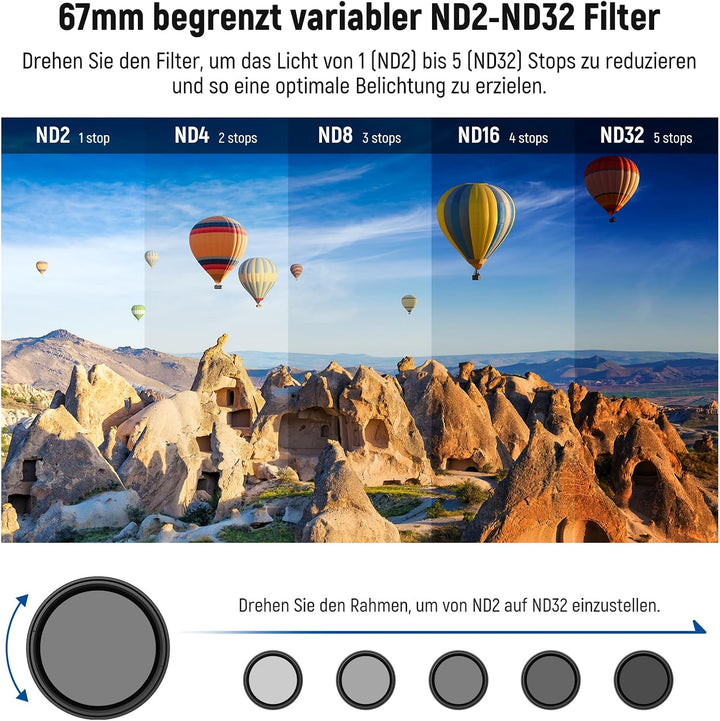 NEEWER 67 mm Variabler ND Filter, aufsteckbarer ND2-32 Neutraldichtefilter für Smartphone Objektive,
