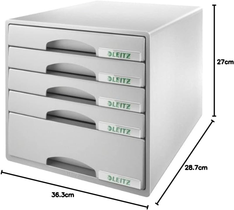 Leitz Schubladenbox mit 5 Schubladen, Für die Aufbewahrung von A4 Dokumenten und Utensilien, Grau, P